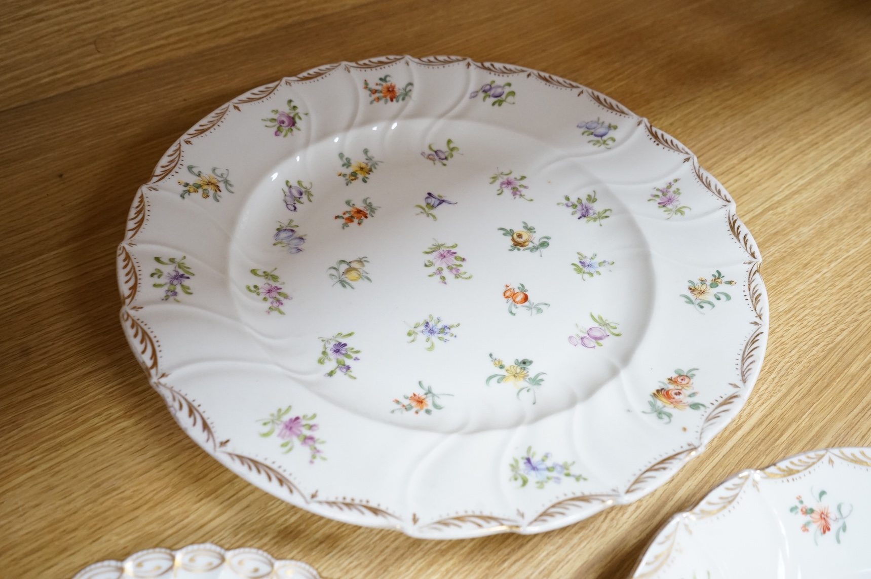 Eleven Dresden porcelain floral decorated plates(various sizes) and similar plate, two largest 31cm diameter.